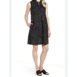 Eileen Fisher M Shift Dress Dot Print VNeck Sleeveless Cotton Black White pocket